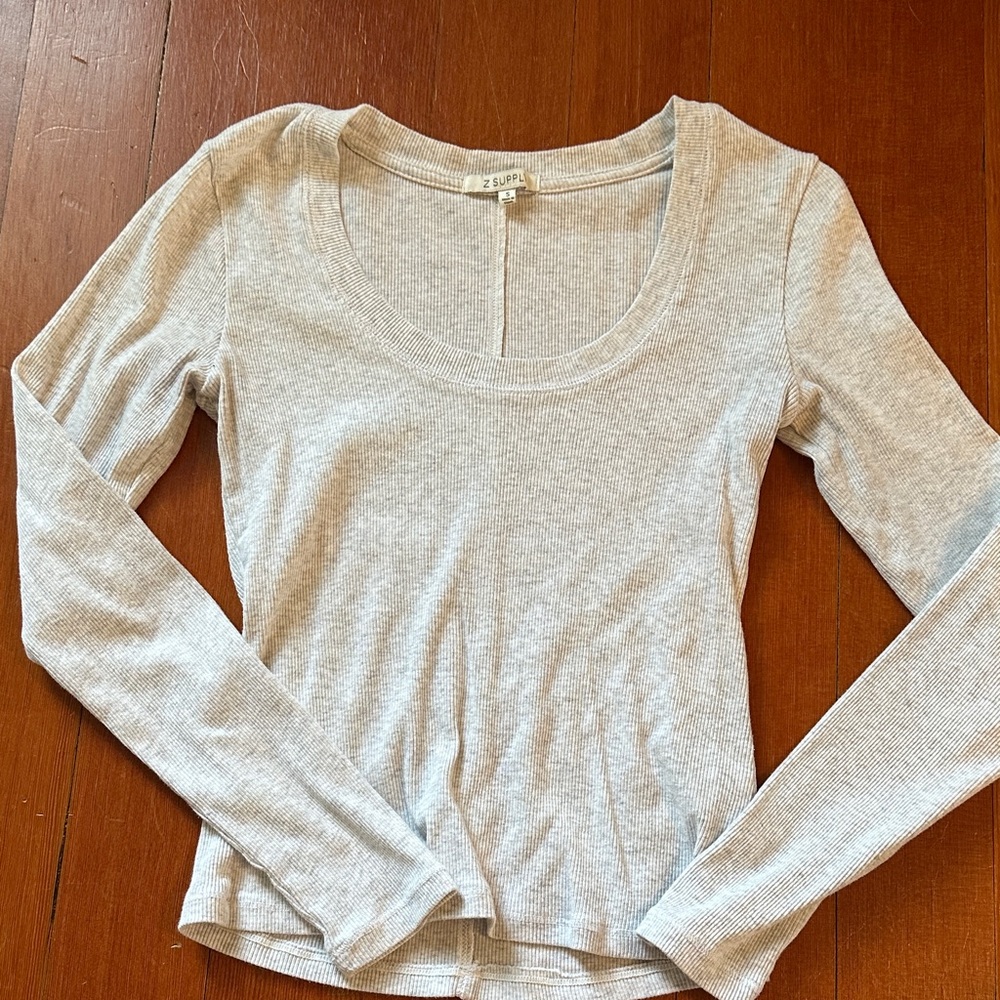 Z Supply Light Heather Gray Ribbed Long Sleeve Scoop Neck Top